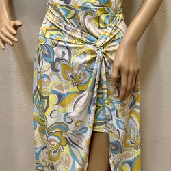 Green Yellow Paisley Print Twist Front Wrap Look Dress Medium 6/7
