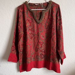 Soft Surroundings Pasha Pullover Tunic PL Paisley Red Gold Trim Metal Wool Blend