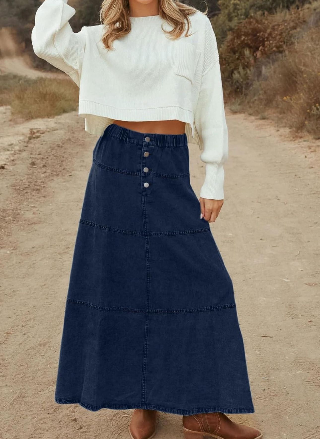SKIRT Denim Maxi Skirt Elastic High Waist Tiered A Line Long Jean Skirt Y2k Western Patchwork