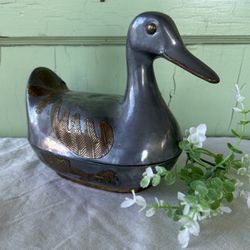vintage 8" pewter and brass duck - heavy metal lidded box - Heavy Hong Kong 