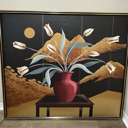 Large Framed Floral Still Life Painting – Red Vase, Mountain Landscape, Black & Gold Decor