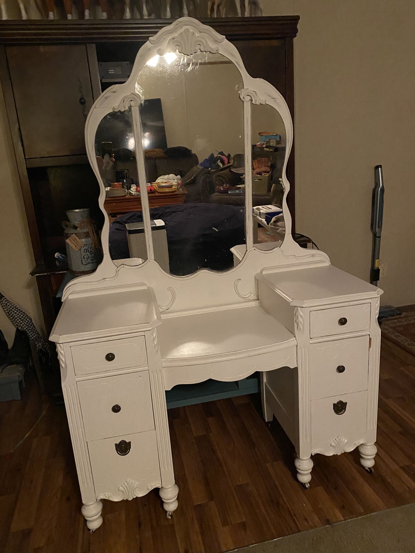 Antique Wood Vanity With Mirror And Storage