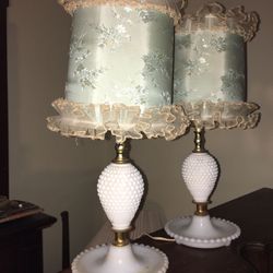 Pair Vintage Milkglass Hobnail Lamps