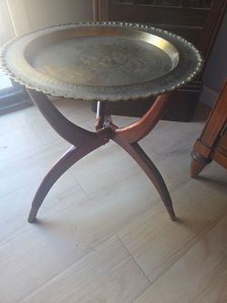Brass and wood vintage Asian mid century table accent or side table
