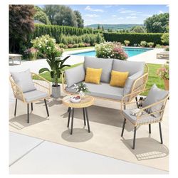 YITAHOME 4-Piece Patio Set – Loveseat, 2 Chairs & Table (Grey Cushions) – Used