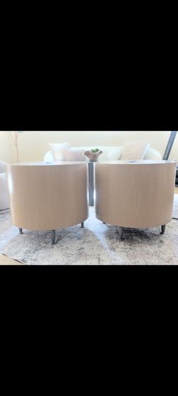 Pair of Round Light Wood Side Tables with Power Outlets