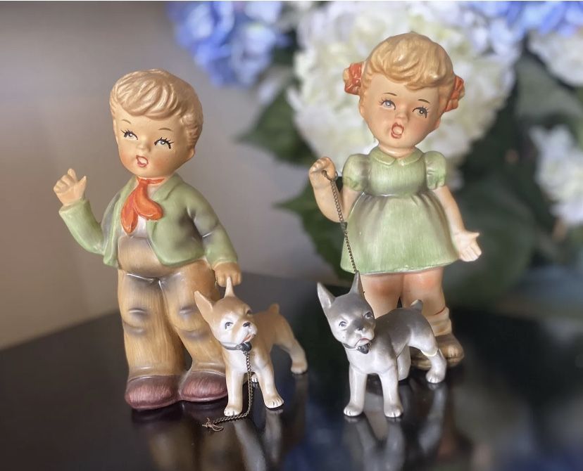 Vintage Porcelain Boy&Girl&Dogs On Leashes 8”Each 1950’s Japan