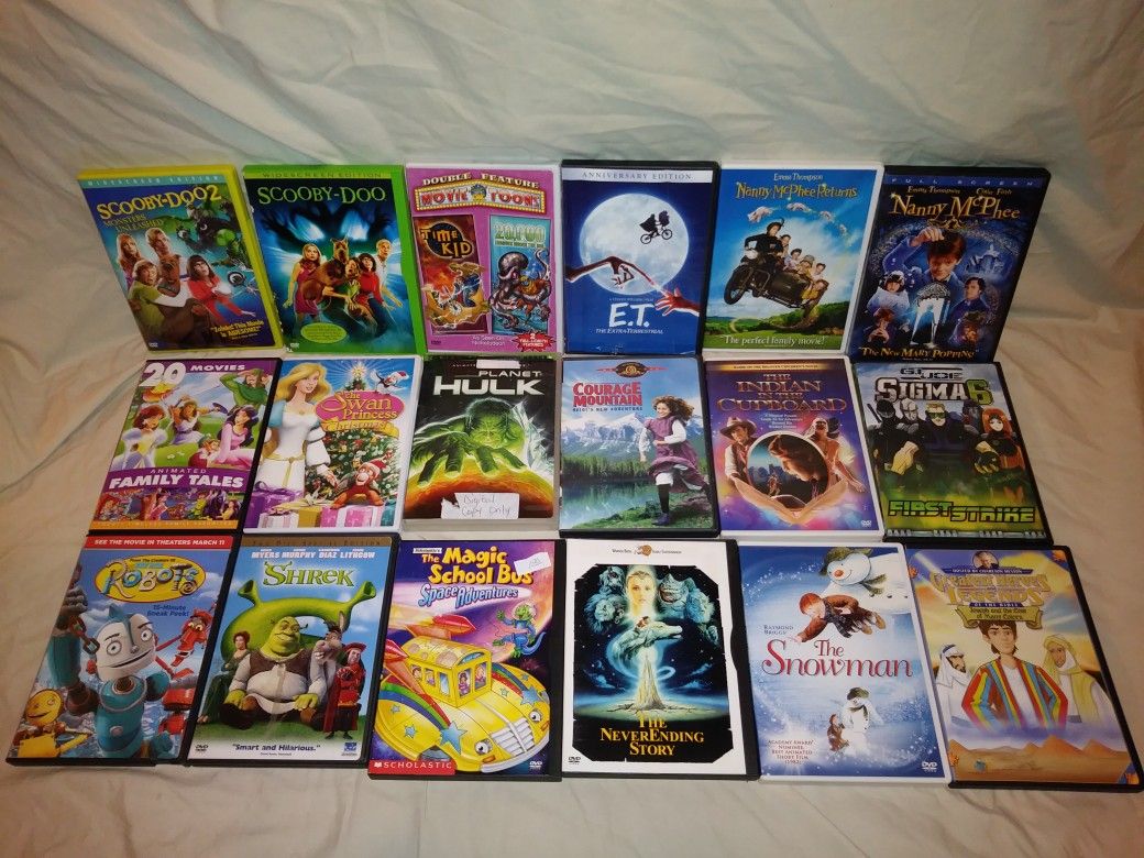 DVD Lot 4: Kids Scooby Doo, Shrek, Neverending Story, Indian in the Cupboard, Nanny McPhee, E.T., Courage Mountain, Animated Collection 20+ discs