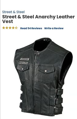 Street & Steel Anarchy Leather Vest  prominent side buckle straps  adjustment.