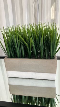 Faux Grass Plant in Heavy Two-Tone Concrete-Style Planter