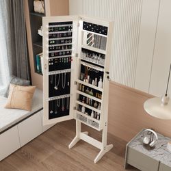 Jewelry Cabinet Armoire with Full Length Mirror with stand, Jewelry Armoire Organizer, Lockable Storage Cabinet, Interior Lighted Mirror, White