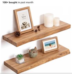 Floating Shelves for Wall, 24"x9.3" Solid Wood Floating Live Edge Shelf, Heavy-Duty Wall Shelf with Invisible Brackets, Set of 2 for Living Room, Bedr