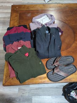 Various Men's Sweaters and Jackets, Flip Flops