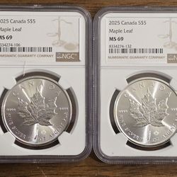 Four 2025 Silver Maple Leaf .9999 Fine Silver Rounds