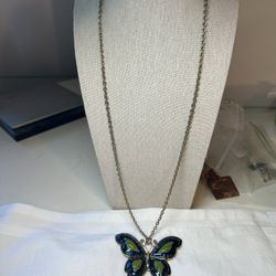 Stunning Large Blue Green 3” Enamel Butterfly Pendant With Chain 