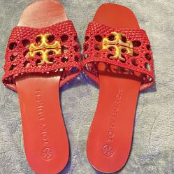 Tory Burch Eleanor Woven Leather Flat Slides Sandals