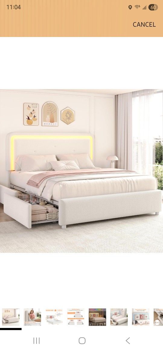 Jocoevol Queen Boucle Upholstered LED Bed Frame with Storage Drawer and Adjustable Chic Double Arc Headboard, Princess Platform Cloud Bed  