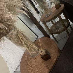 Wood & Rattan Round End Tables Warm Pine