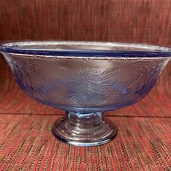 1930's Depression Federal Glass Madrid Blue Footed Compote Fruit Bowl