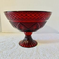 Vintage Crystal D Arques Glass Compote Pedestal Bowl Ruby Red Diamond Pattern-Small Chip On Base