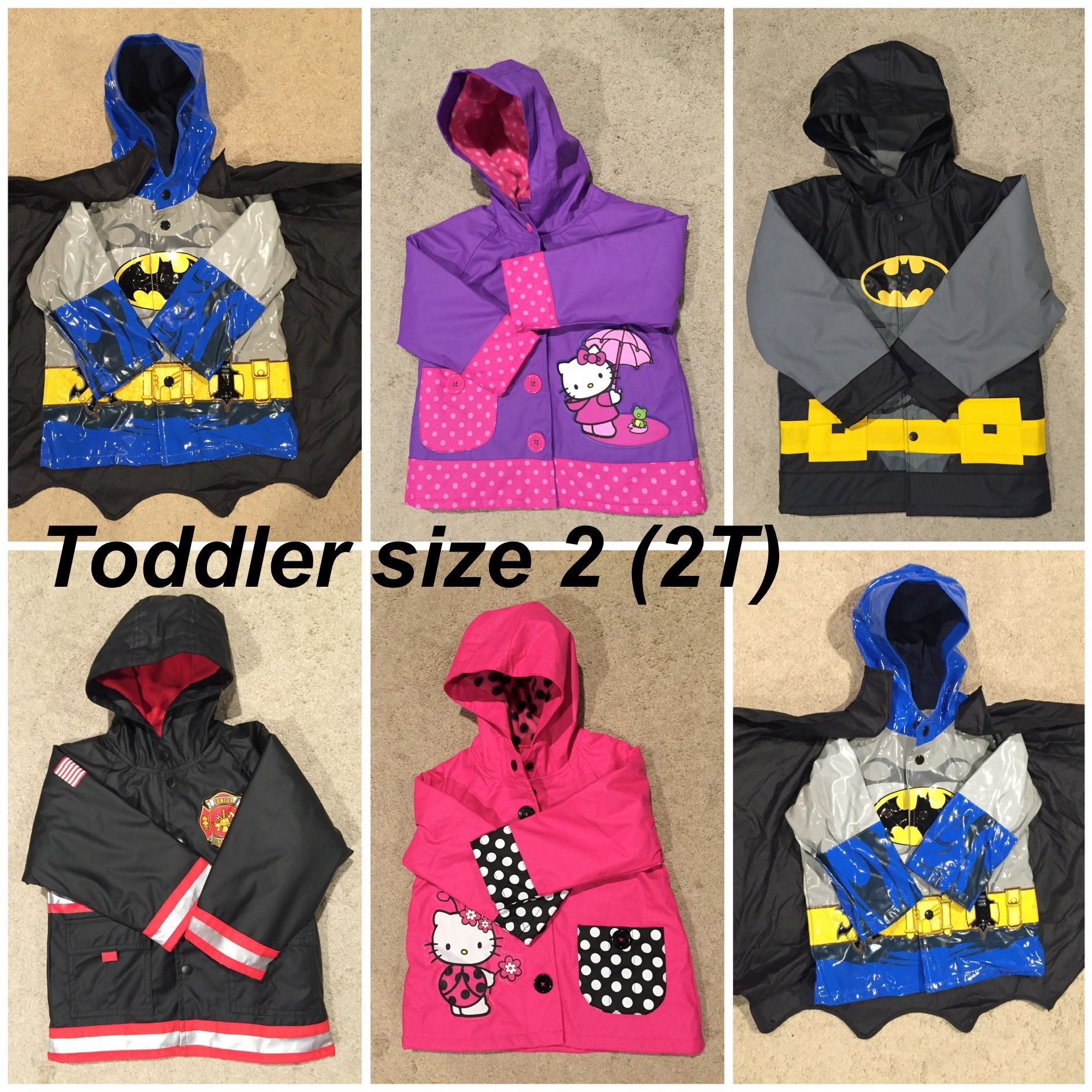 Rain Jackets For Toddlers Size 2 (T2) 3 (T3) / Batman / Superman (T3) / Fireman / Hello Kitty / Superhero’s / Cartoons Kids / $10 Per Jacket