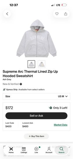 Supreme Arc thermal Lined Zip Up Hooded Sweatshirt (Grey)