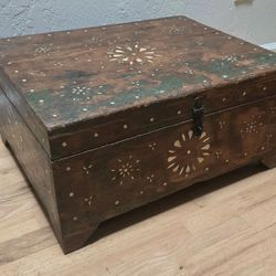 Antique Wooden Large Storage Chest Box Original Old Mother of Pearl Inlay 22x18x10.5"