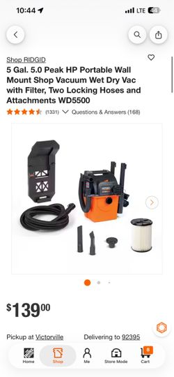 5 Gal. 5.0 Peak HP Portable Wall Mount Shop Vacuum Wet Dry Vac with Filter, Two Locking Hoses and Attachments WD5500