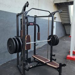 $1000 Home Gym Power Rack Smith Machine + Reclynable Bench+240 Pounds&Libras & Plates Set.   45s pair Olympic  25s pair Standard & 1inches Hold 25s pa