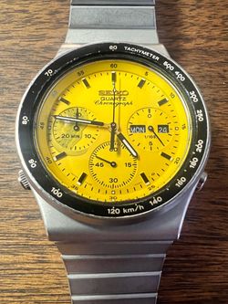 Nov 1983 Seiko 7A38-701B Vulcan Yellow Chronograph Watch - Runs - Orig Bracelet