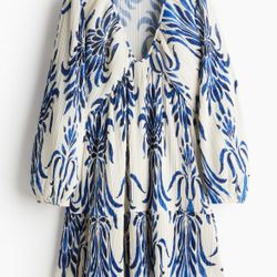 Plisse Dress- Cream and Blue Pattern
