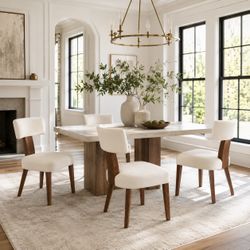 Set of 4 modern T-back dining chairs in a beautiful linen color with warm walnut wood accents.