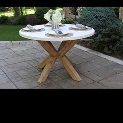 Outdoor Interiors Dining Table 48” Eucalyptus Wood Ivory Composite Top