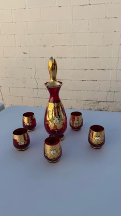 vintage Bohemian/Czech ruby-red glass liqueur or cordial set