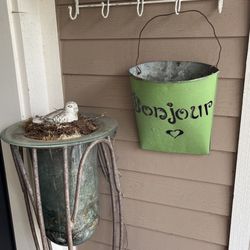 Vintage Rustic Sap Bucket Hanger, “Bonjour” Cut Out Design 