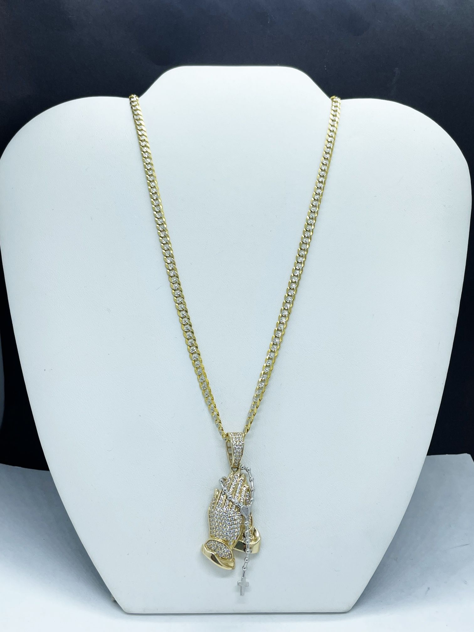 14k solid Gold Cubana Diamond cut chain and hands with rosary, pendant gold necklance