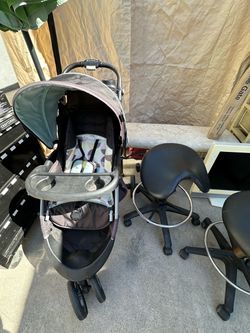 Black Saddle Seat Rolling Stools   Set 2.    $25 – Tall Langerier Dresser    $15  - White Material Bench.    $20   - Retractable Fence   $15 - Baby Jo