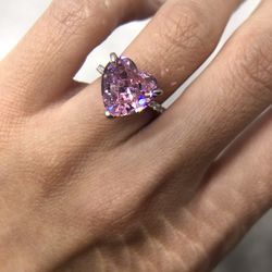 New Sterling Silver Pink Heart Diamond Ring, Size5,6,7