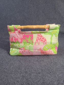 Women’s Animal Print Bamboo Handle Clutch – Neon Green/Pink