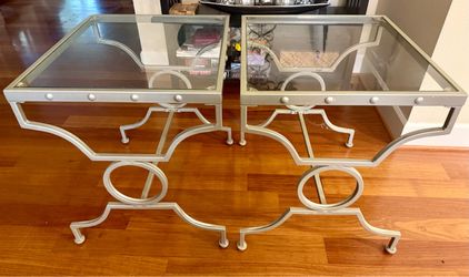 Set of 2 Glass top with brushed matte silver base end tables