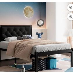 Feonase Twin Size Metal Platform Bed Frame with Faux Leather Upholstered Button Tufted Headboard, Black - New In Box