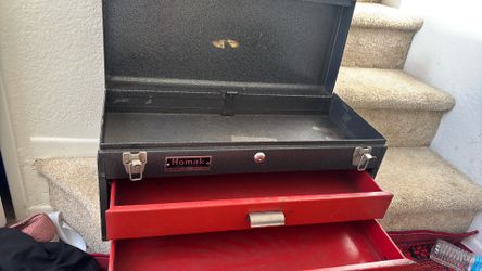 Vintage Homak Model 902 2-Drawer Steel Tool Box Chest Red Black 22” USA