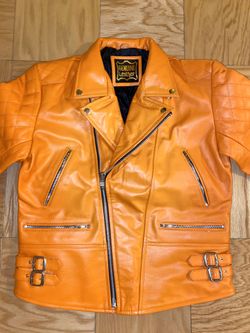 Leather Biker Jacket Orange Sz 42
