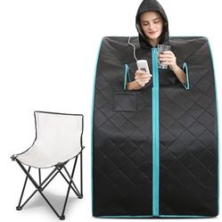 Smartmak Far Infrared Sauna with Hat, Portable Personal Full Body Home SPA Tent, Separate Heating Foot Pad and Portable Upgraded Chair- Green Border
