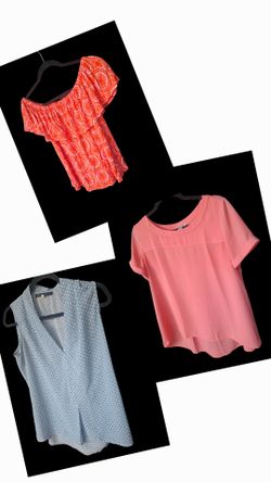 “Set of 3 stylish blouses: vivid orange Michael Kors, light orange LOFT, blue Rose..olive