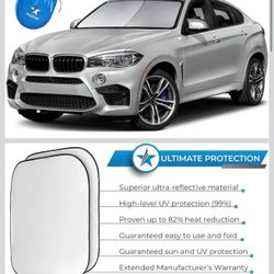 EzyShade Windshield Sun Shade with Shield-X Reflective Technology. See Size-Chart with Your Vehicle. Foldable 2-Piece Car Sunshades Reflect UV Sun and
