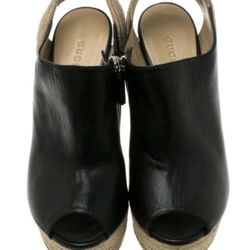 Authentic Gucci Espadrille Black Leather Wedge Platform sandals 35.5
