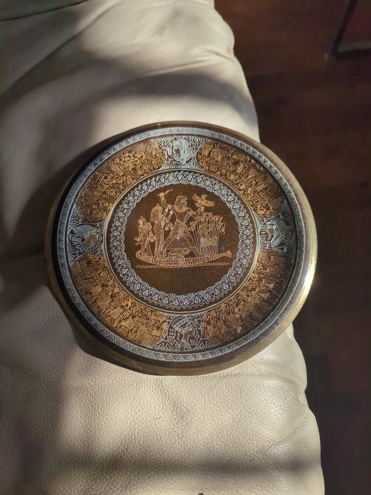 Antique Islamic Egyptian Scene Cairoware Copper Silver Plate/Wallhanging 9 3/4"