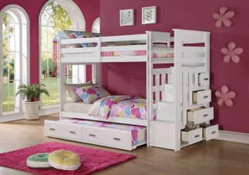 White Twin Bunk Bed with Storage Ladder & Trundle (NO CREDIT CHECK FINANCING AVAILABLE)