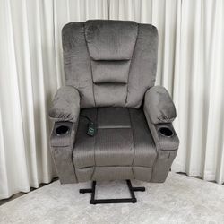 Mcombo Petite Size Gray Fabric Recliner W/ Vibrating Massage & Heat, Cup Holders 7569 Mcombo